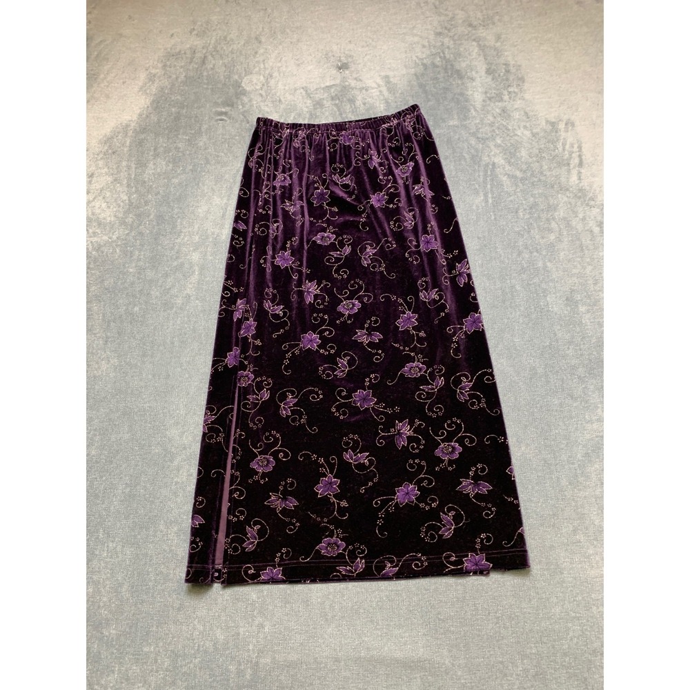 VTG Joanna Velvet Skirt Women's S Purple Floral Metallic Side Slit Elastic Waist